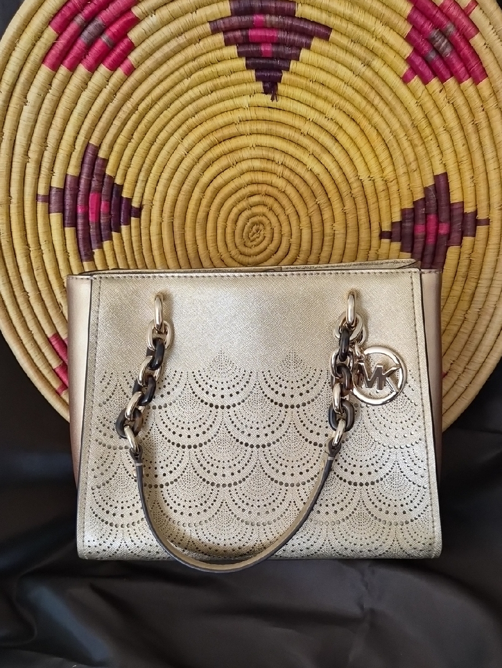 Michael Kors Metallic Gold Perforated Satchel with Chain Handles